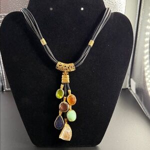 Multi-Stone Gold Pendant Necklace on Black Cord